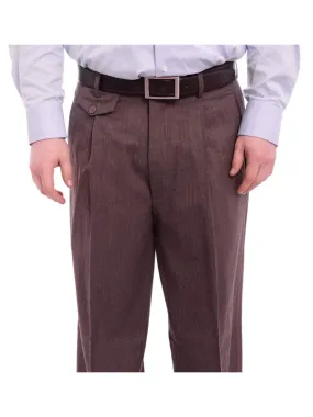 Apollo King Classic Fit Brown Herringbone Pleated Wide Leg Wool Dress Pants