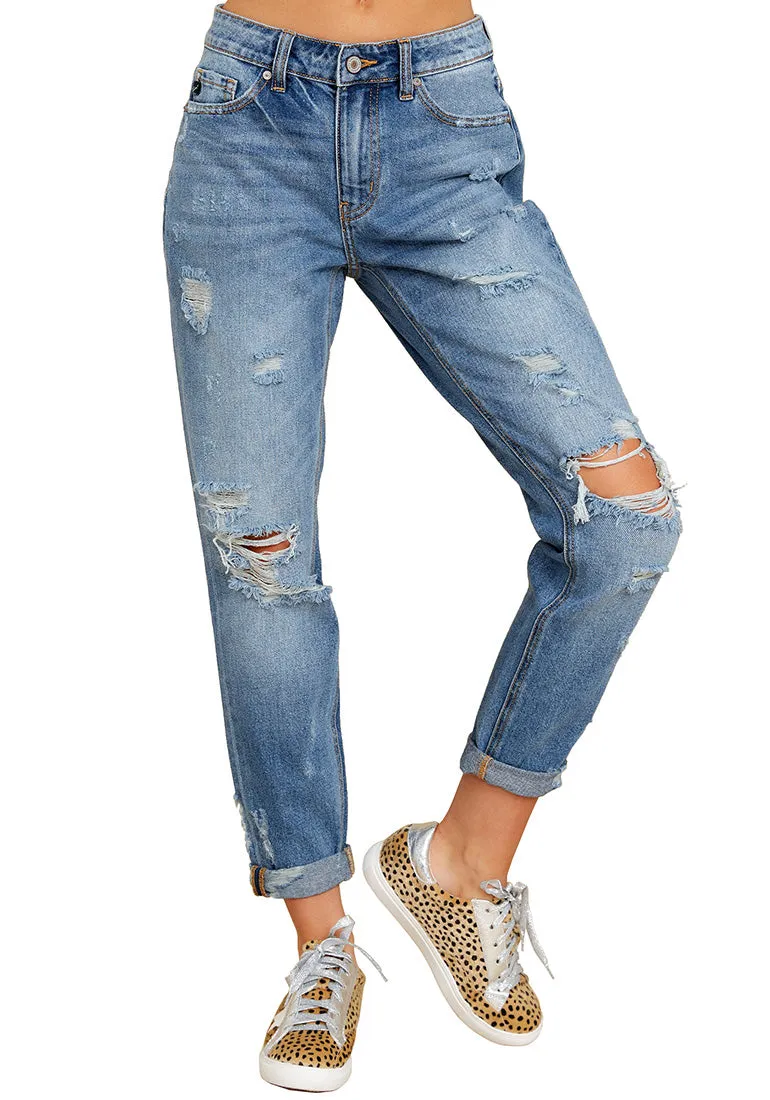 Blue Cuffed Hem Ripped Boyfriend Jeans