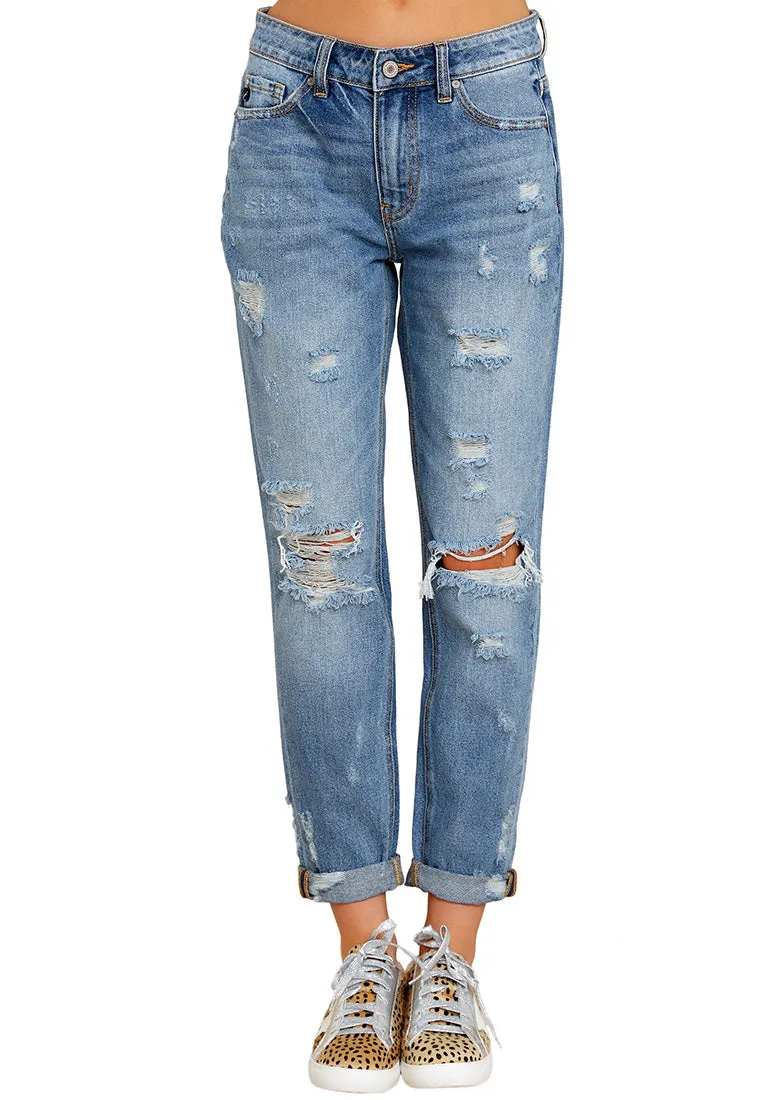 Blue Cuffed Hem Ripped Boyfriend Jeans