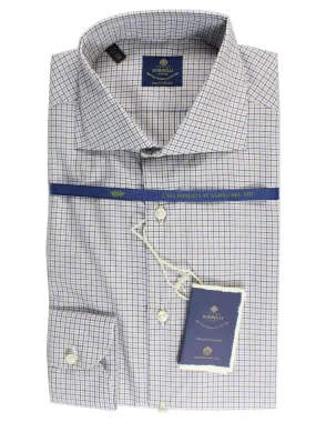 Borrelli Dress Shirt ROYAL COLLECTION White Blue Brown Check 38 - 15 FINAL SALE