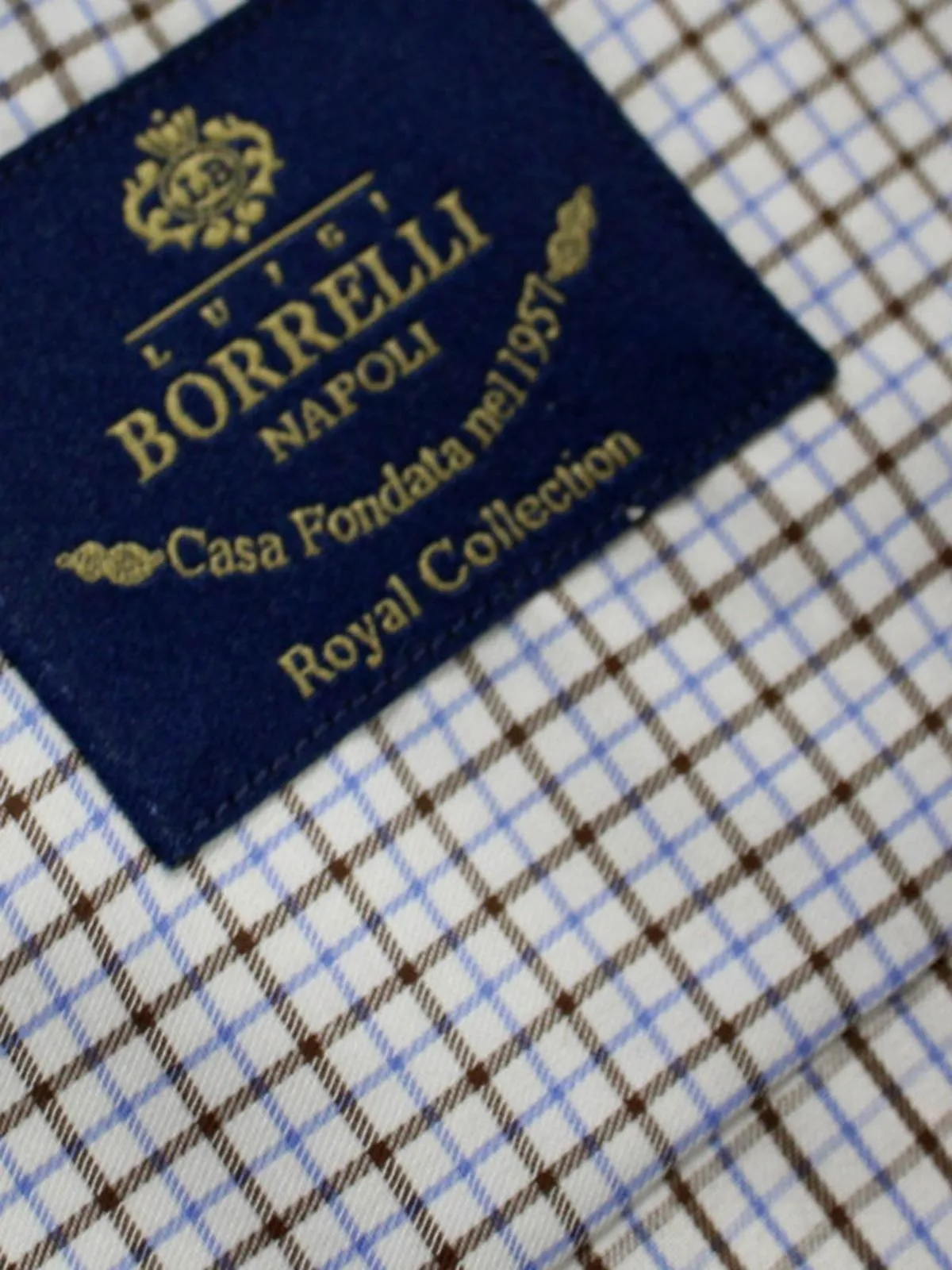 Borrelli Dress Shirt ROYAL COLLECTION White Blue Brown Check 38 - 15 FINAL SALE