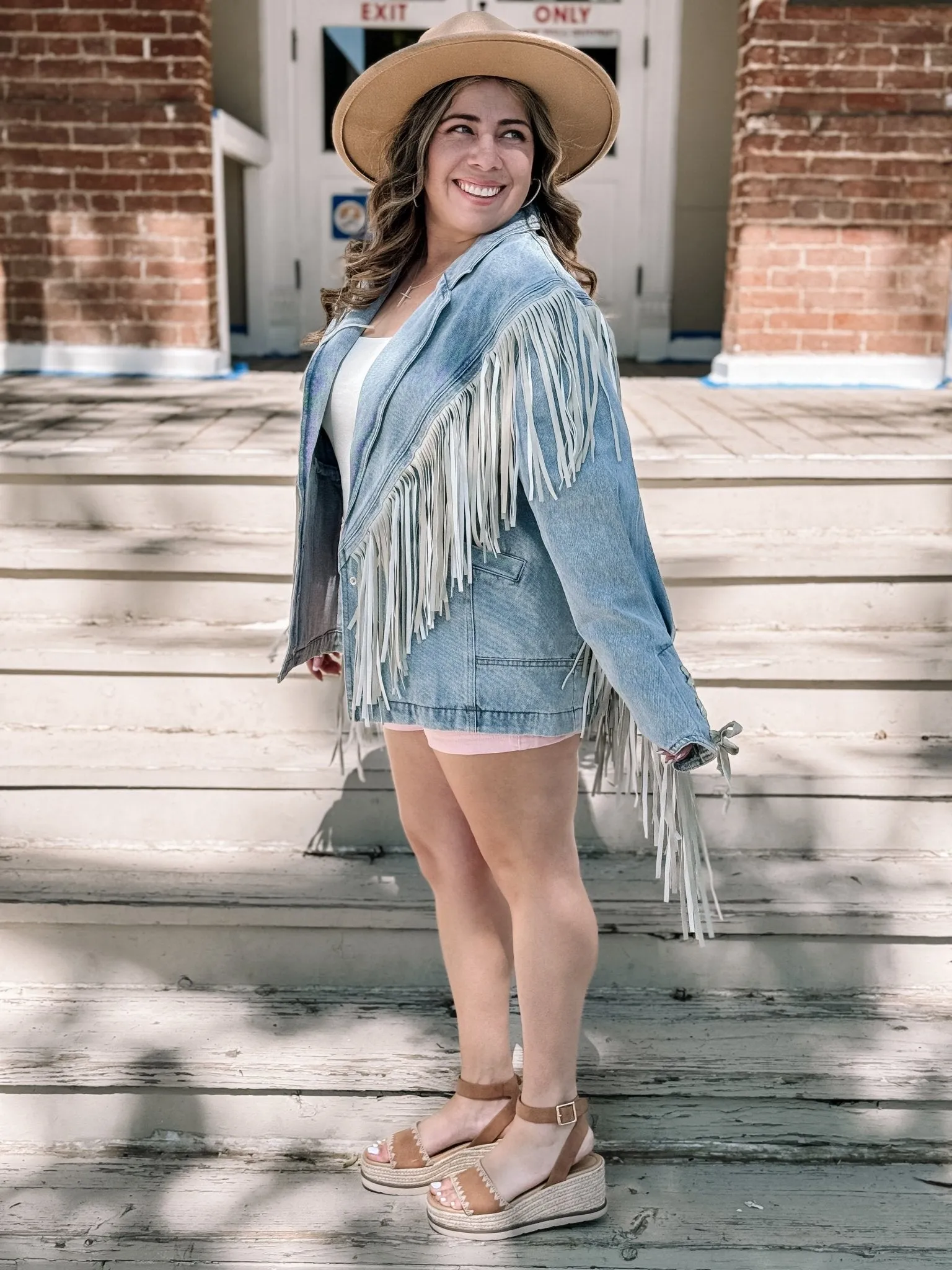 Buckle Up Fringed Denim Jacket - Lt Wash