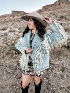 Buckle Up Fringed Denim Jacket - Lt Wash