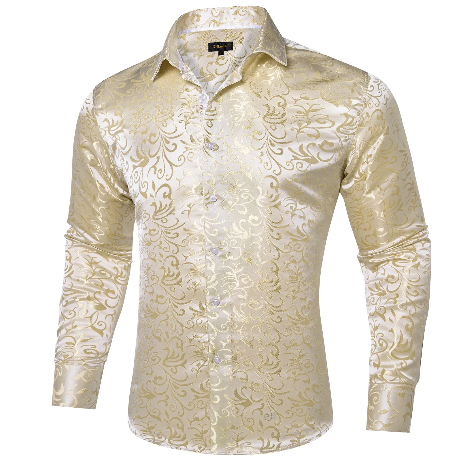 DiBanGu Shirts for Men Champagne Gold Floral Silk Men's Long Sleeve Shirt