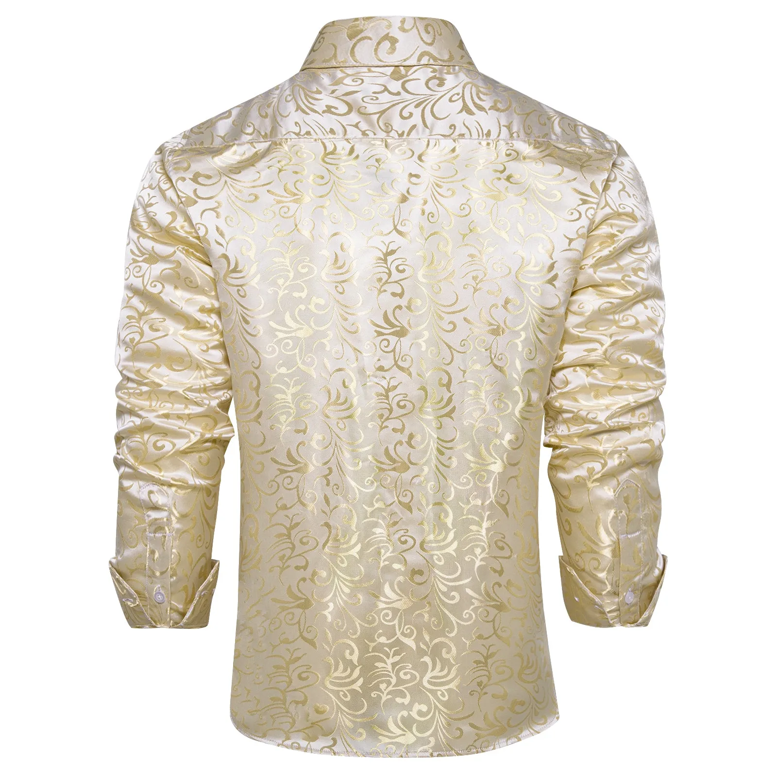 DiBanGu Shirts for Men Champagne Gold Floral Silk Men's Long Sleeve Shirt