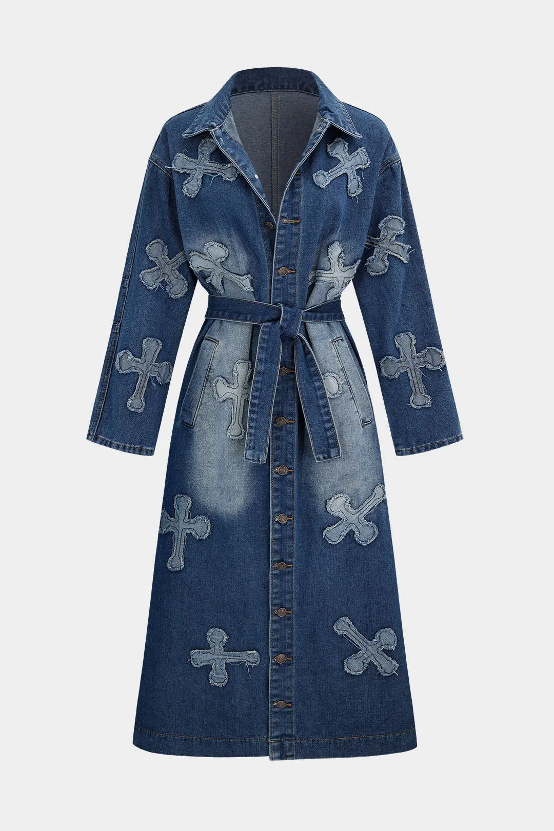 Embroidery Denim Long Coat Belted Outerwear