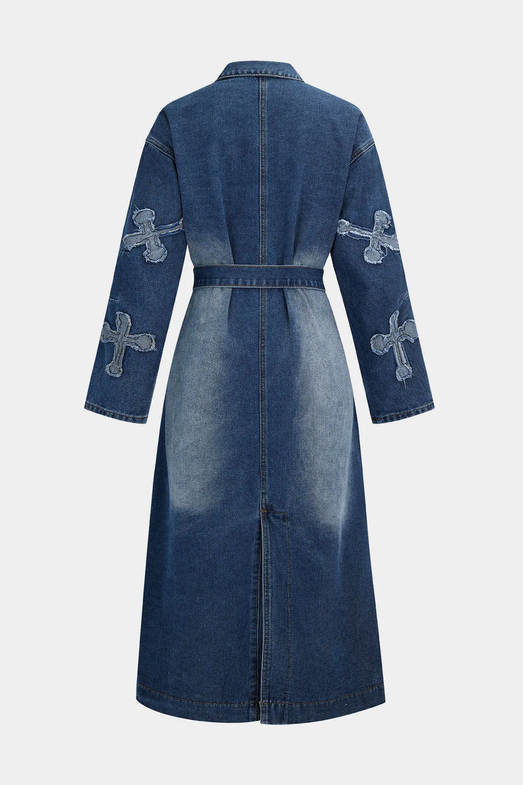 Embroidery Denim Long Coat Belted Outerwear