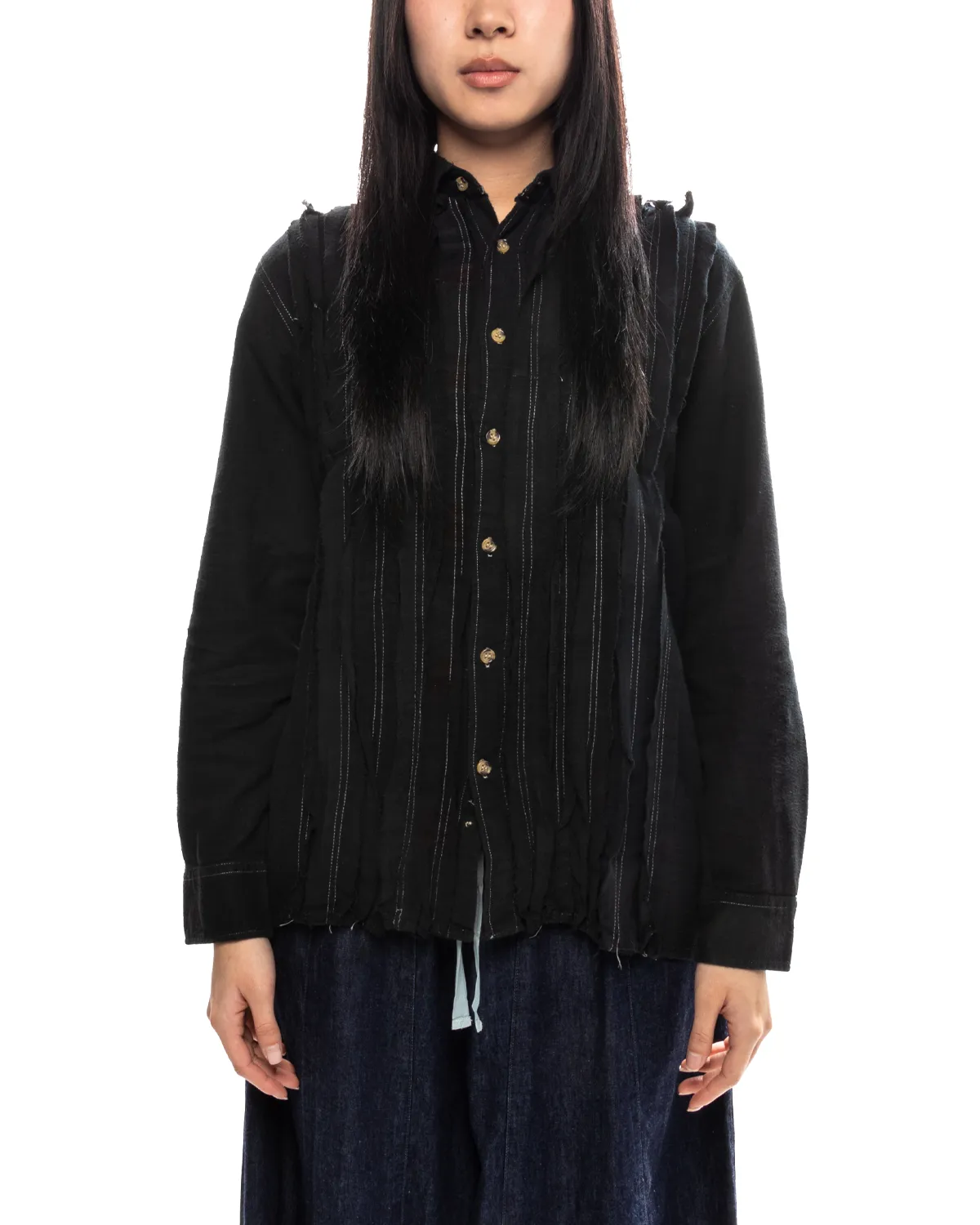 Flannel Shirt Ribbon Shirt / Over Dye Black