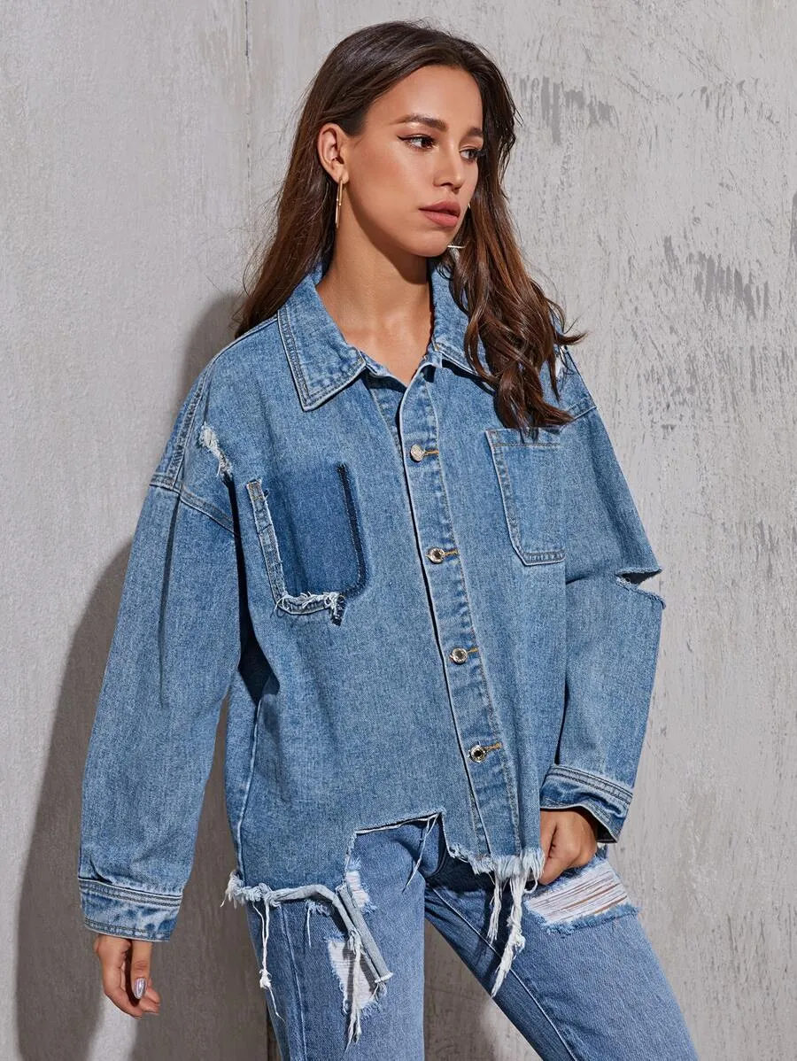 Frayed-hem Boyfriend Denim Jacket