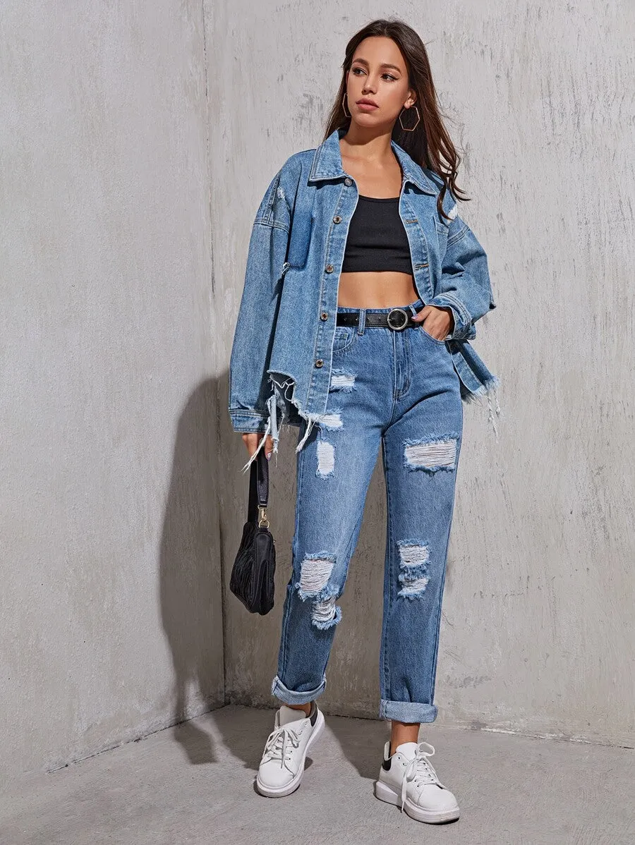 Frayed-hem Boyfriend Denim Jacket