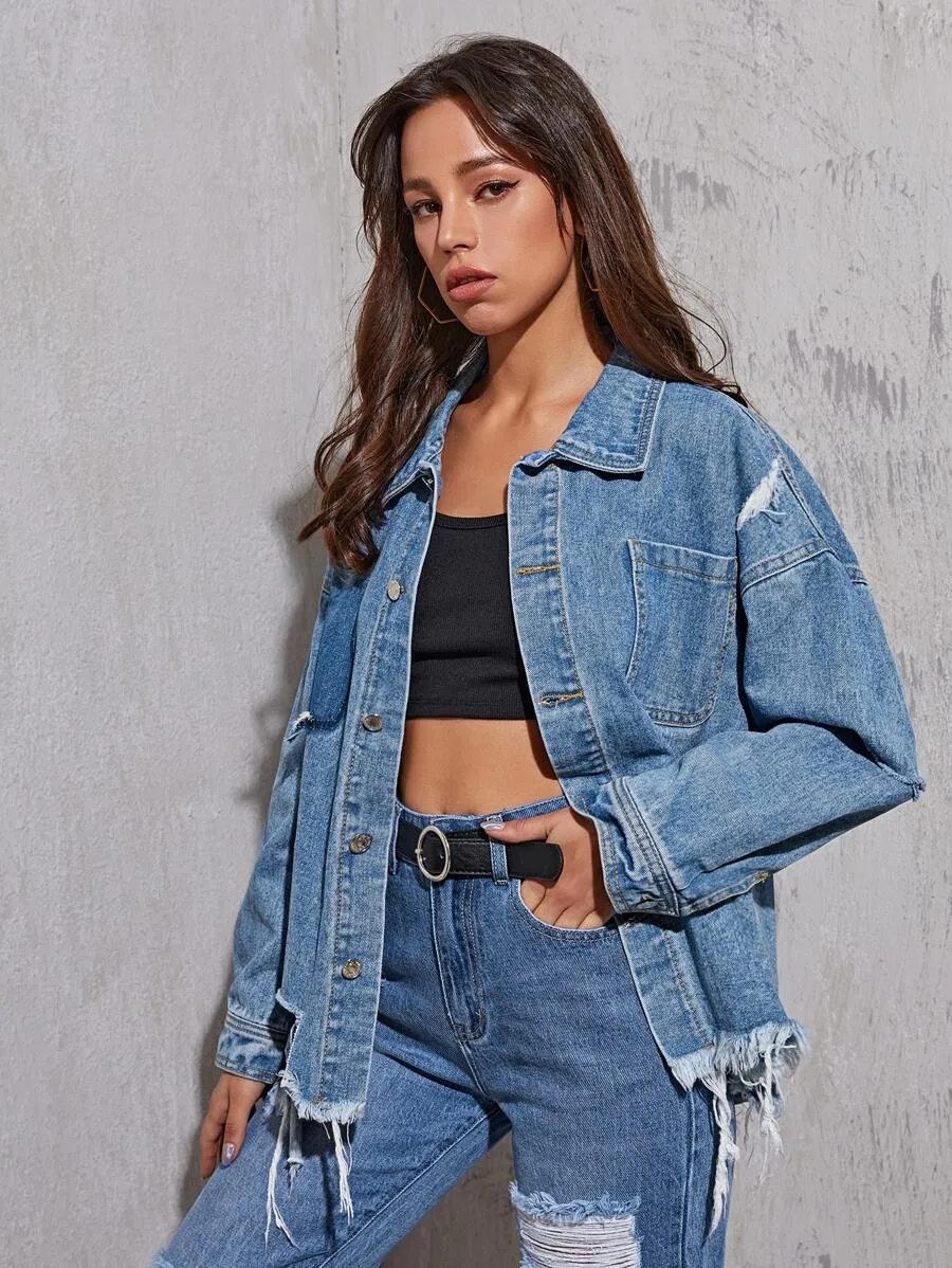 Frayed-hem Boyfriend Denim Jacket