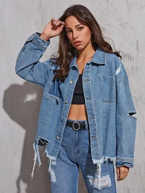 Frayed-hem Boyfriend Denim Jacket