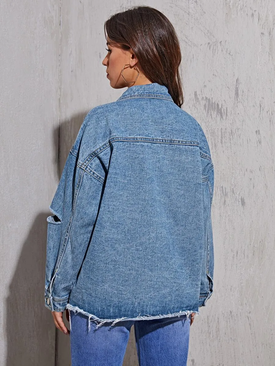 Frayed-hem Boyfriend Denim Jacket