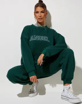 Glo Sweatshirt in Bottle Green with 'Angel' Embro in White