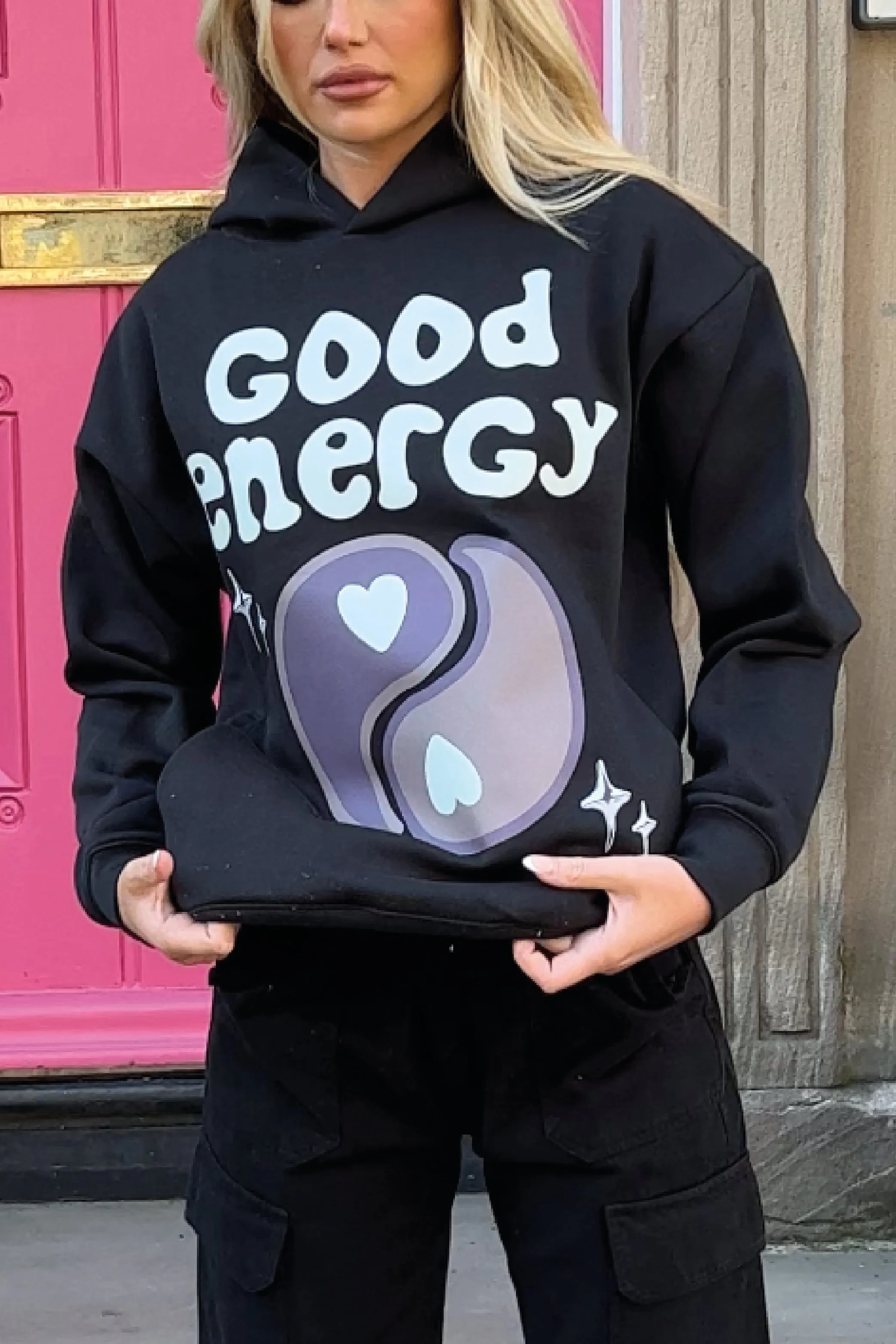 Good energy black printed relaxed hoodie