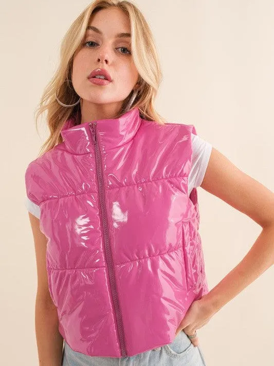 Hello World Shiny Gloss Quilted Puffer Vest