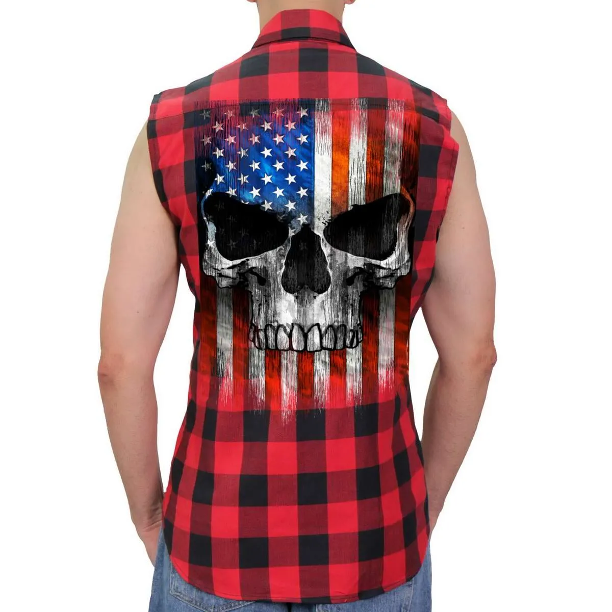 Hot Leathers GMS3491 Men’s Black and Red Patriot Skull Sleeveless Flannel Shirt