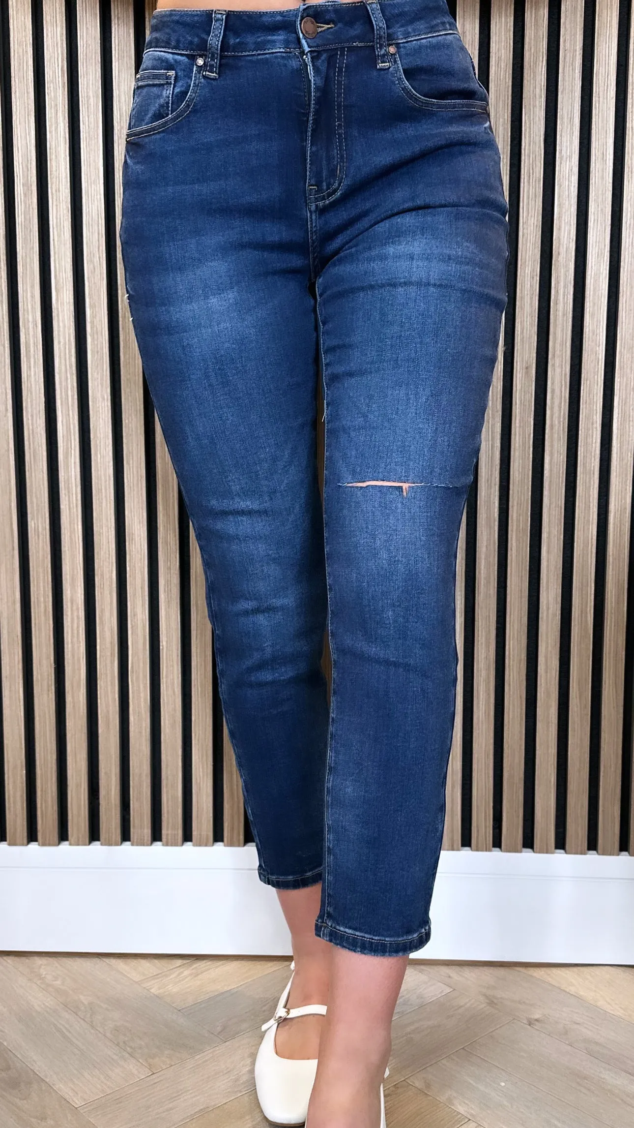 Keke Dark Blue Ripped Knee Boyfriend Jeans