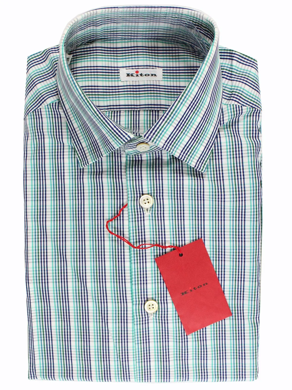 Kiton Short Sleeve Shirt White Turquoise Green Navy Check 38 - 15 BLACK FRIDAY SALE