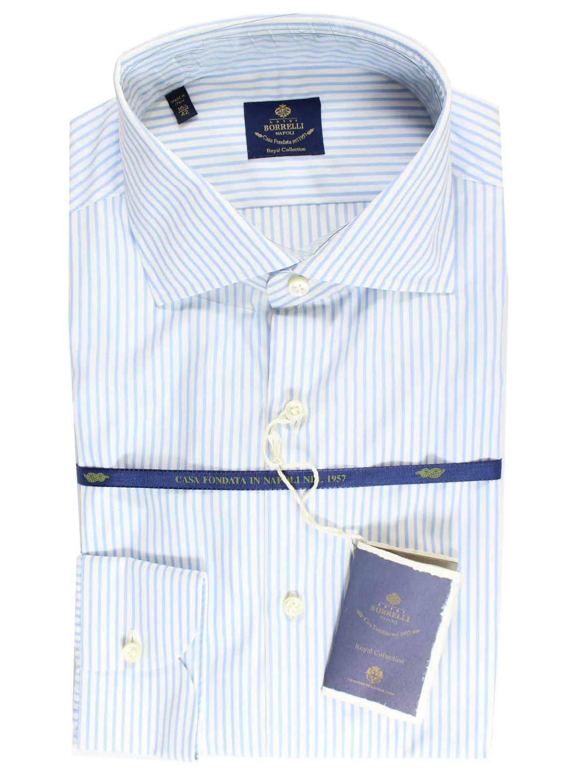 Luigi Borrelli Dress Shirt ROYAL COLLECTION Classic White Blue Stripes 38 - 15