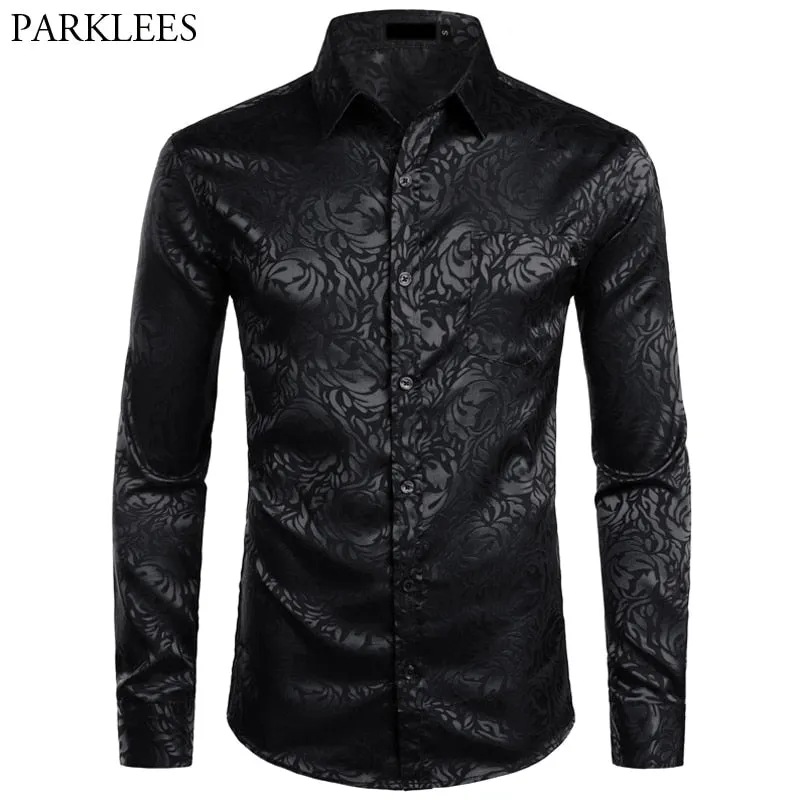 Men&#39;s Floral Black Dress Shirts 2022 Stylish New Long Sleeve Steampunk Shirt Men Party Club Bar Social Shirt Male Chemise Homme