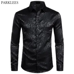 Men&#39;s Floral Black Dress Shirts 2022 Stylish New Long Sleeve Steampunk Shirt Men Party Club Bar Social Shirt Male Chemise Homme