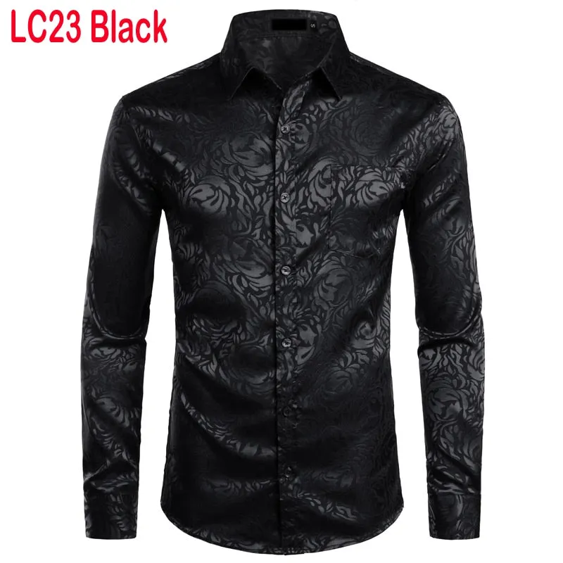 Men&#39;s Floral Black Dress Shirts 2022 Stylish New Long Sleeve Steampunk Shirt Men Party Club Bar Social Shirt Male Chemise Homme