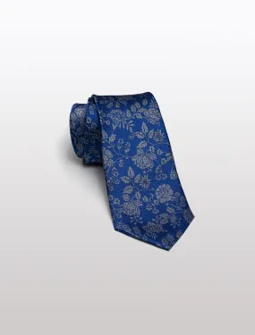 Men's French Blue with Grey Floral Patterned 100% Silk Tie