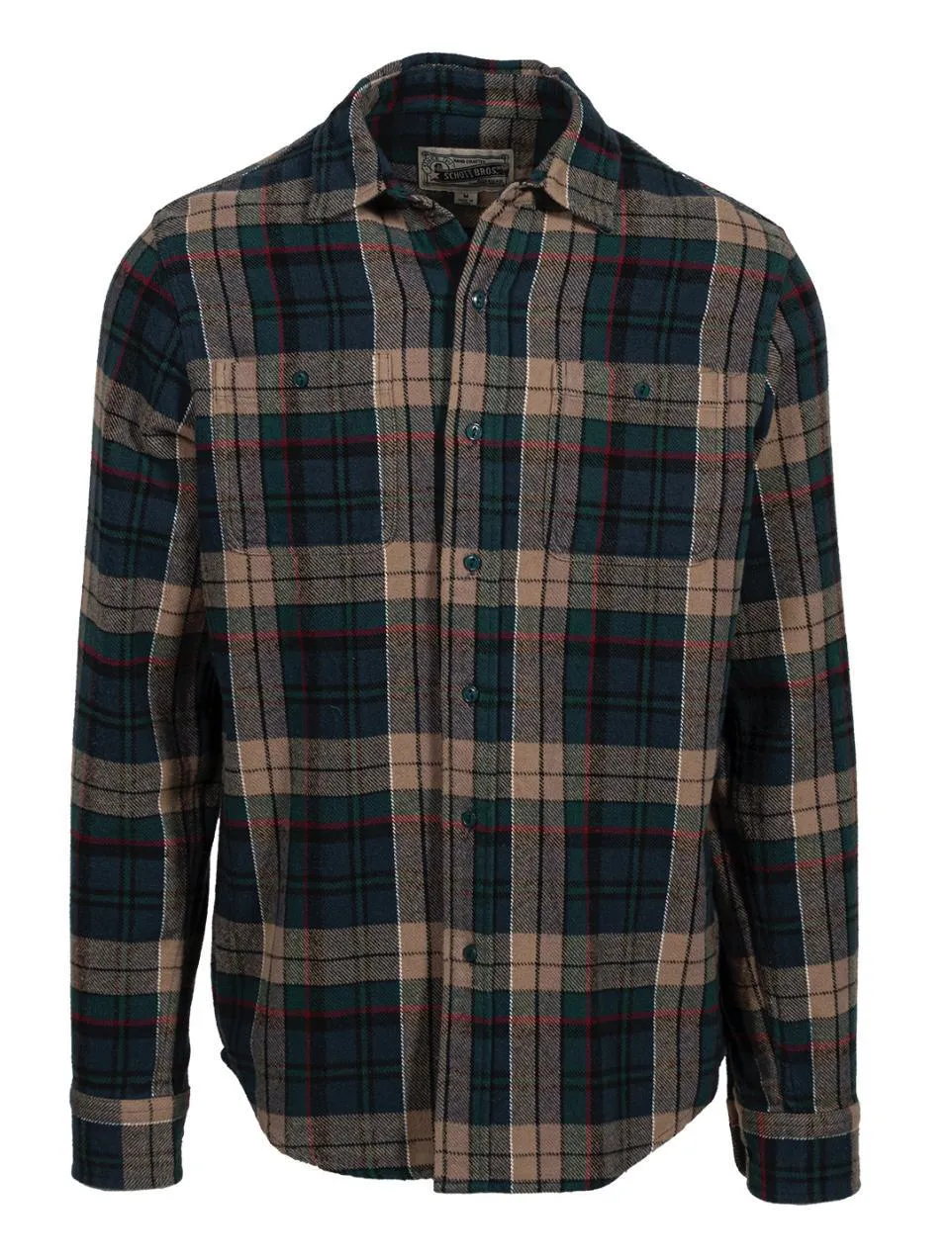 Plaid Cotton Flannel Shirt - Tan Navy