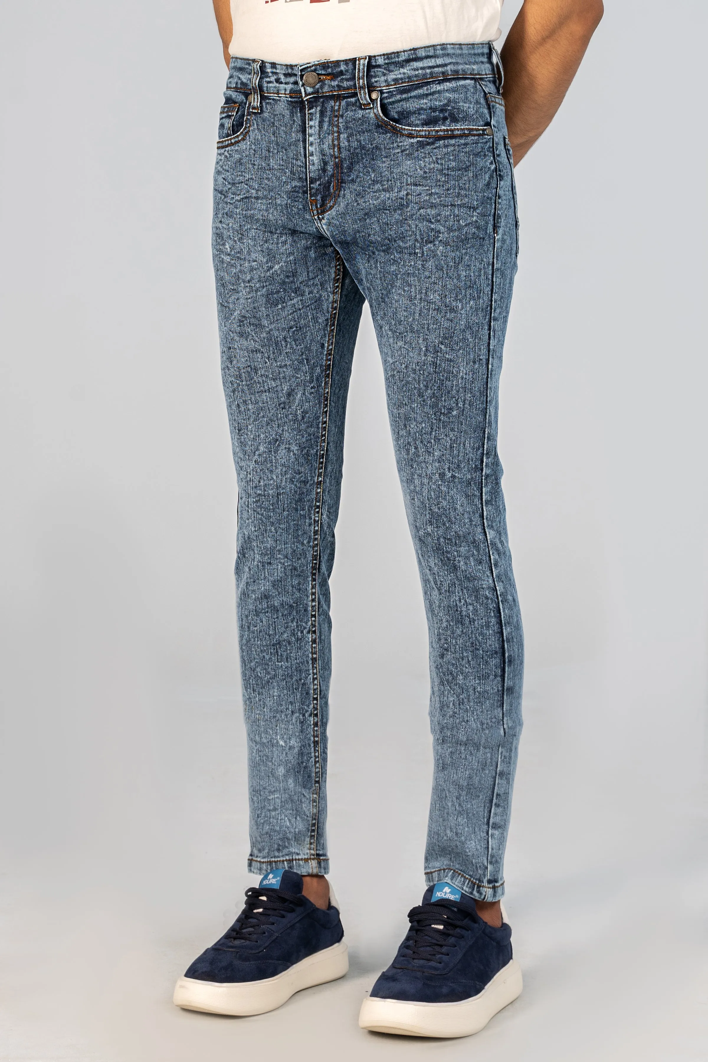 SLIM LEG DENIM JEANS MID BLUE RANDOM WASH