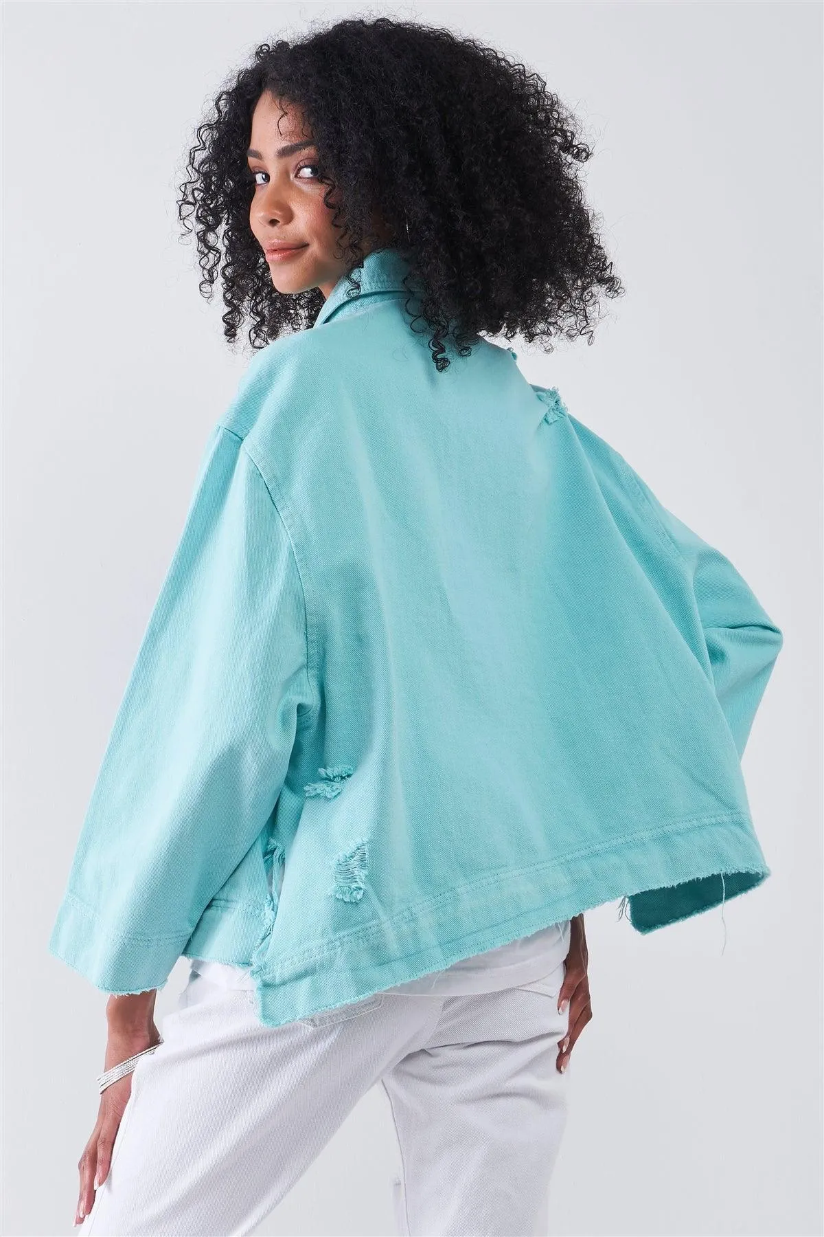 Washed Mint Distressed Button-Down Front Raw Hem Detail Wide Sleeve Oversized Denim Jacket /3-2