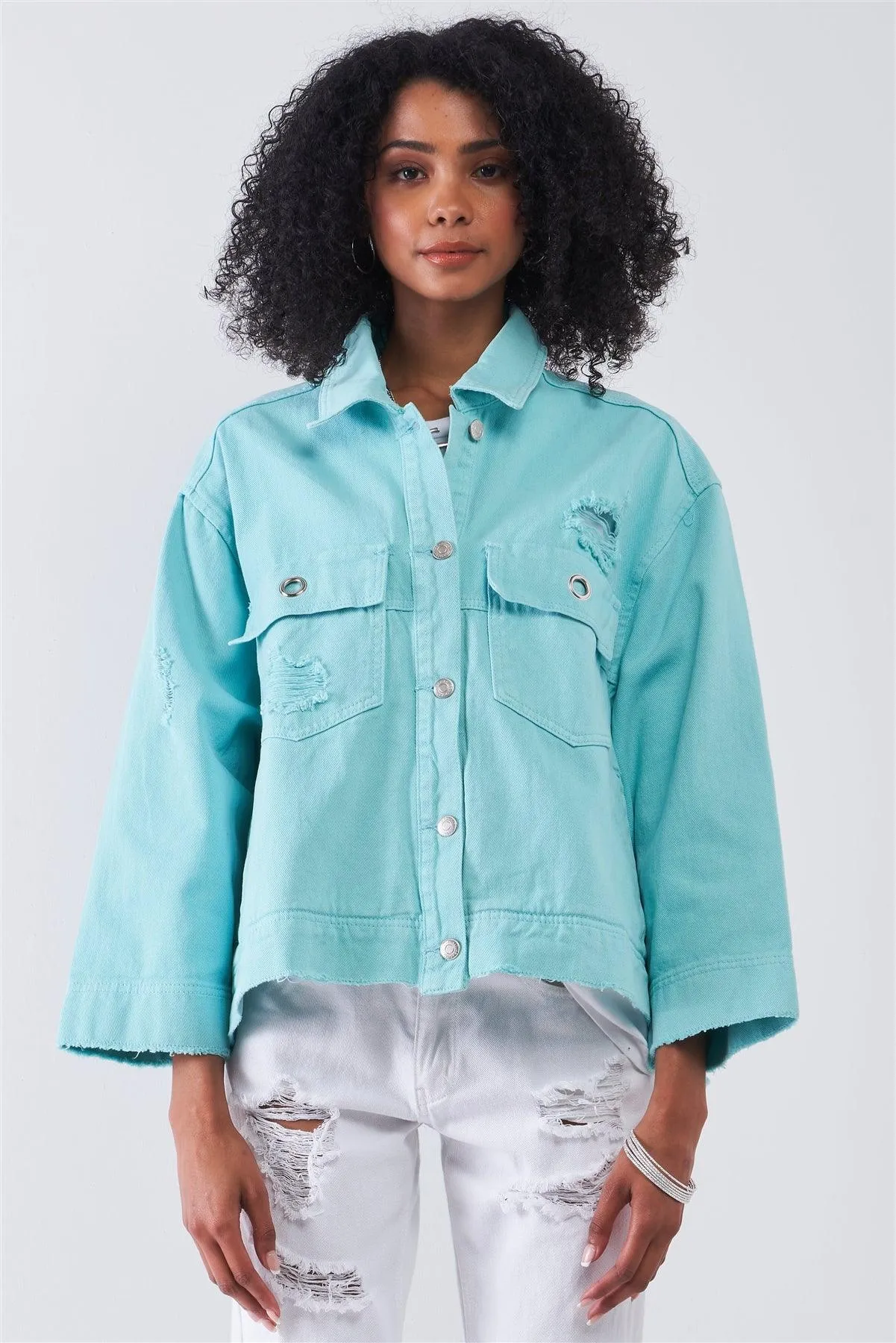 Washed Mint Distressed Button-Down Front Raw Hem Detail Wide Sleeve Oversized Denim Jacket /3-2