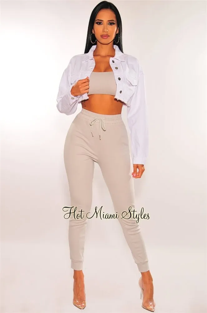 White Denim Long Sleeve Destroyed Back Cropped Jacket