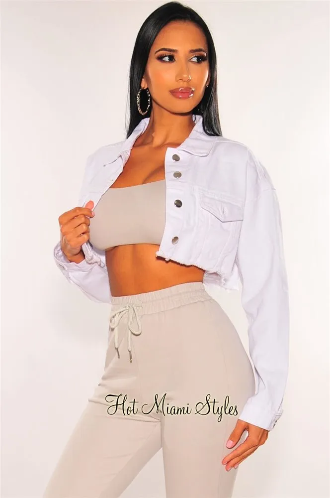 White Denim Long Sleeve Destroyed Back Cropped Jacket