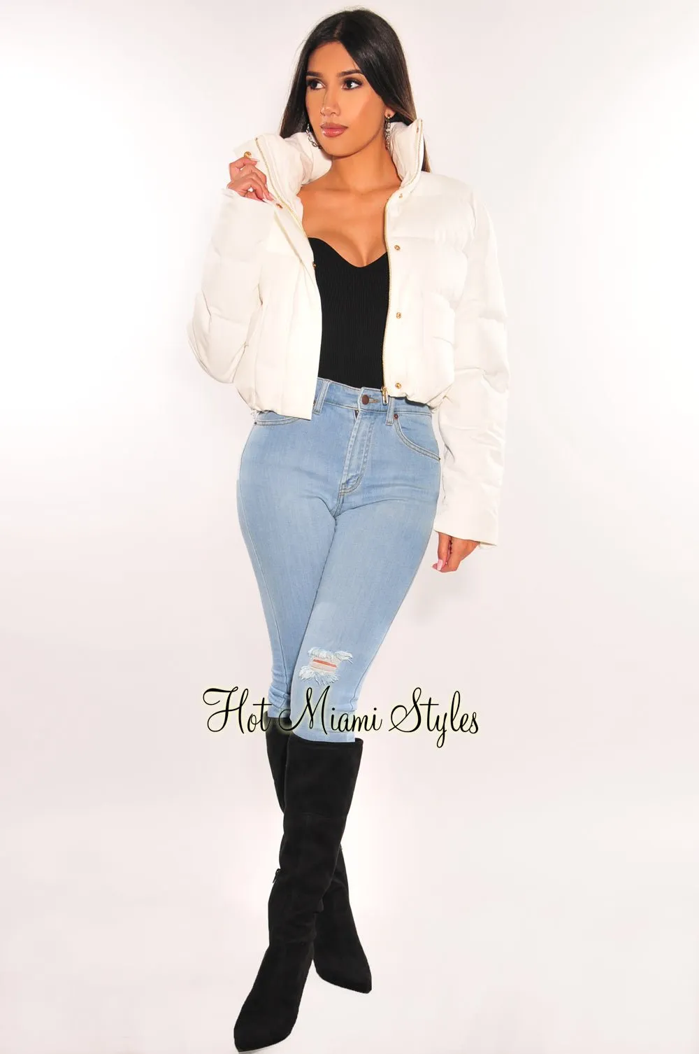 White Puffer Bomber Zipper Long Sleeve Cropped Jacket